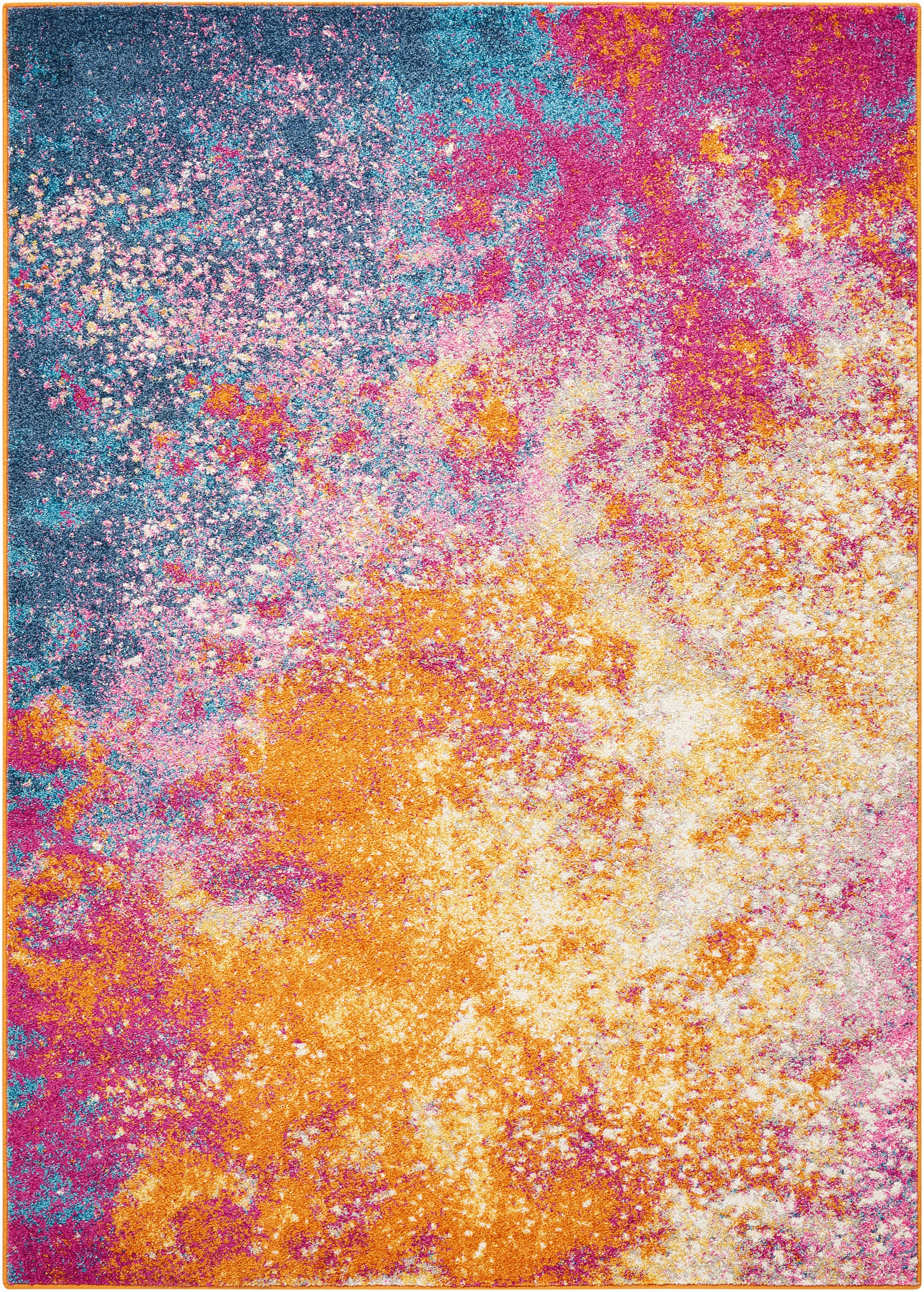 Abstract modern area rug with teal, pink, purple, orange & yellow splatters; rectangular, soft pile.