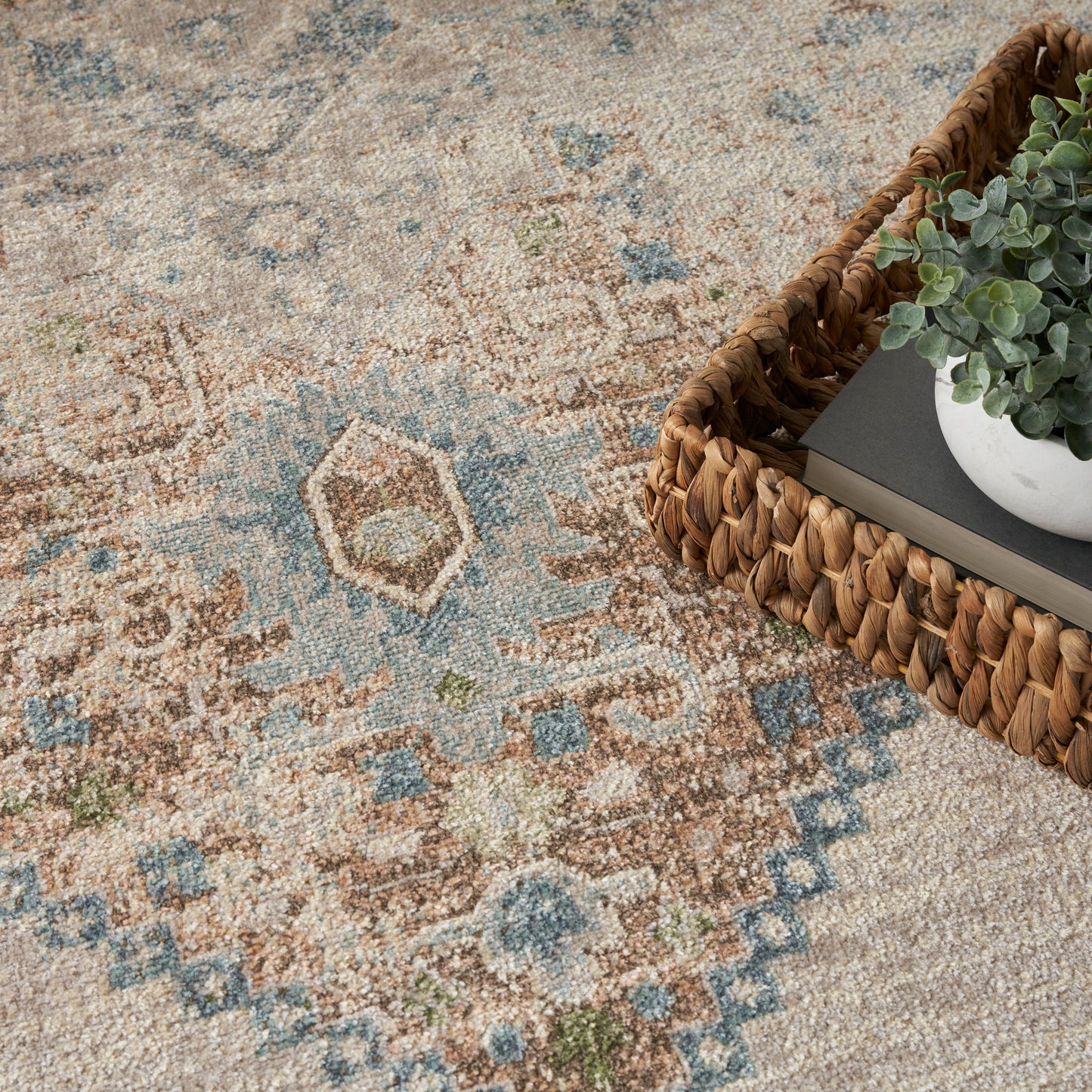 Beige and blue geometric patterned rug with a woven rattan tray containing a small potted plant and a book.
