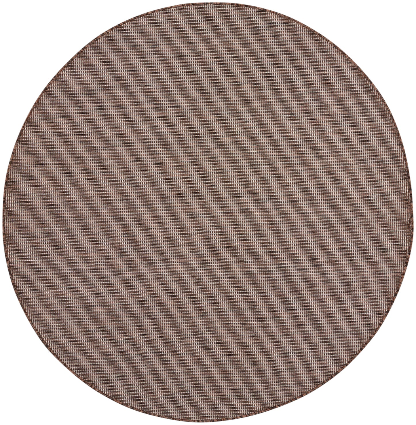 Round brown woven rug with fine grid texture and darker brown edge.