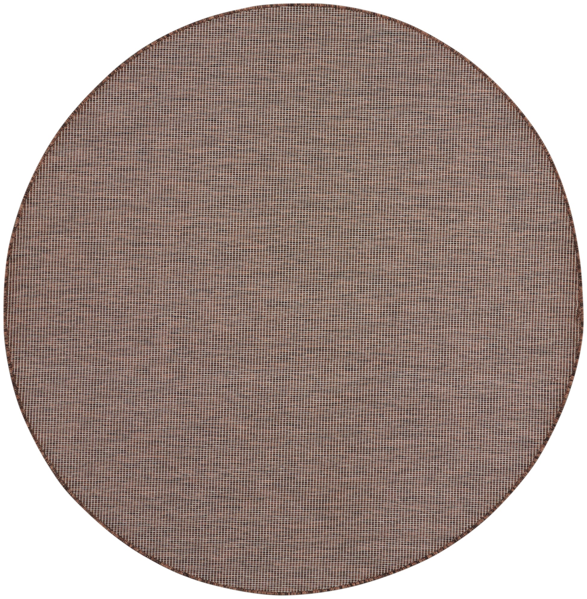 Round brown woven rug with fine grid texture and darker brown edge.