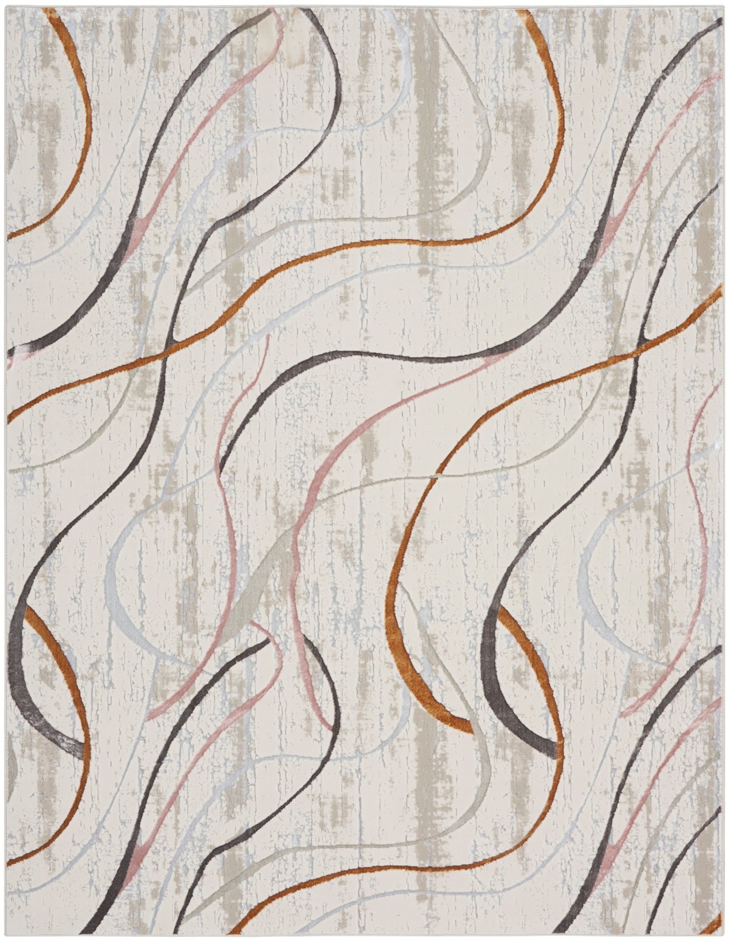Abstract wavy lines in orange, charcoal, and pale pink on a light beige textured background; modern rug design.