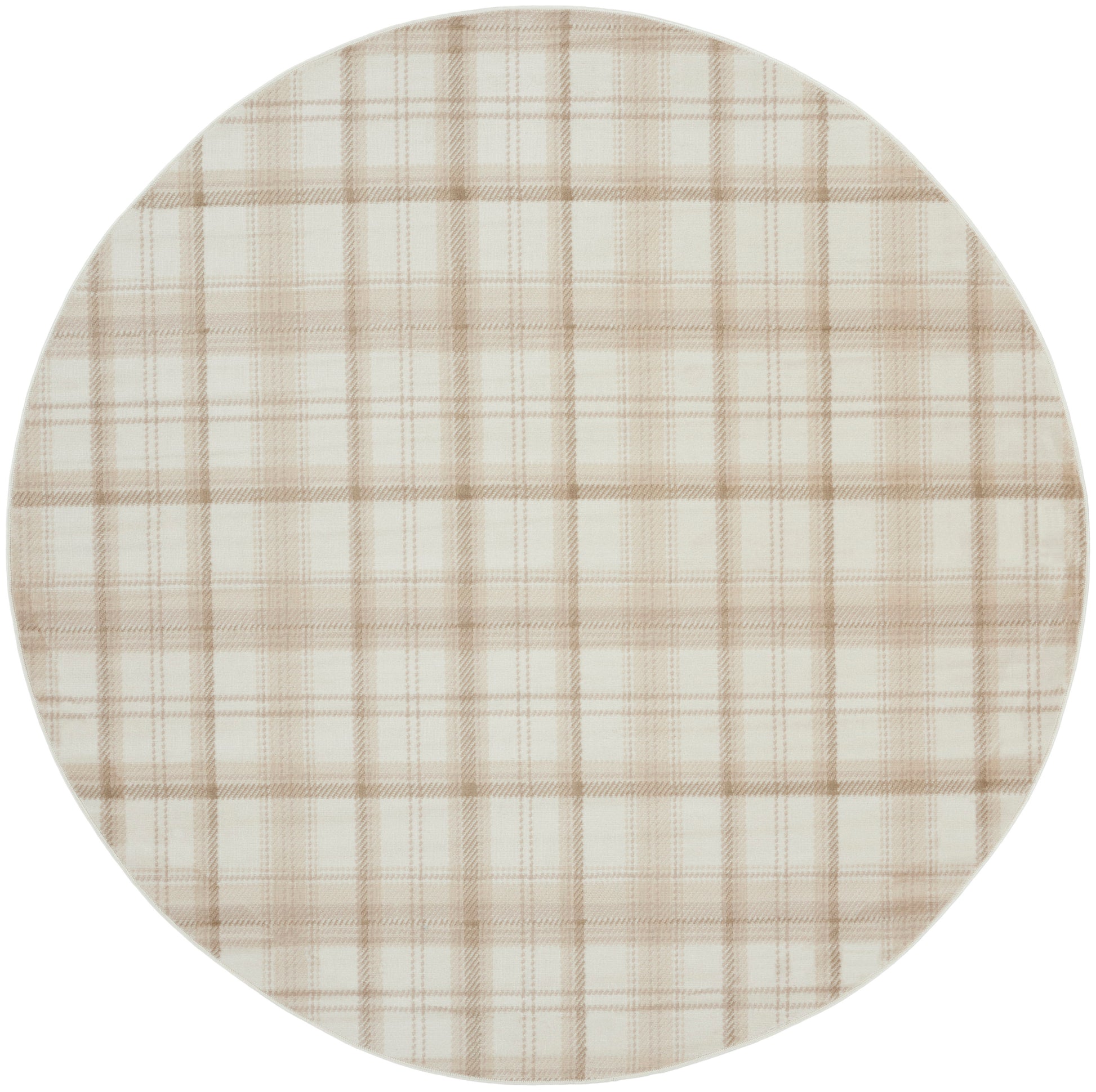 Beige plaid round rug with light brown grid lines; rustic farmhouse style, 8' round.