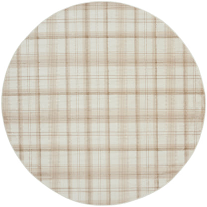 Beige plaid round rug with light brown grid lines; rustic farmhouse style, 8' round.