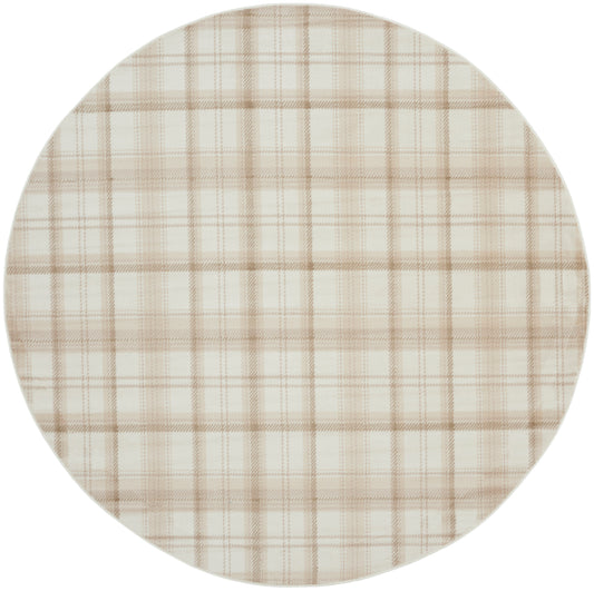 Beige plaid round rug with light brown grid lines; rustic farmhouse style, 8' round.