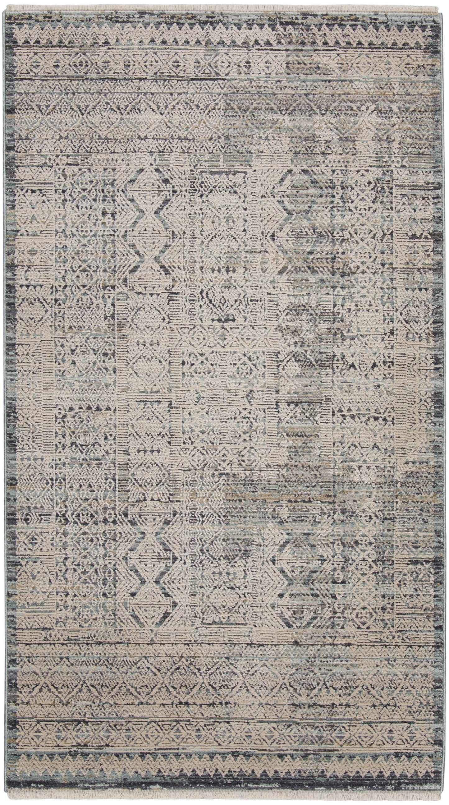 Rectangular distressed geometric rug in muted blues and grays with beige accents; woven tribal pattern for living room.