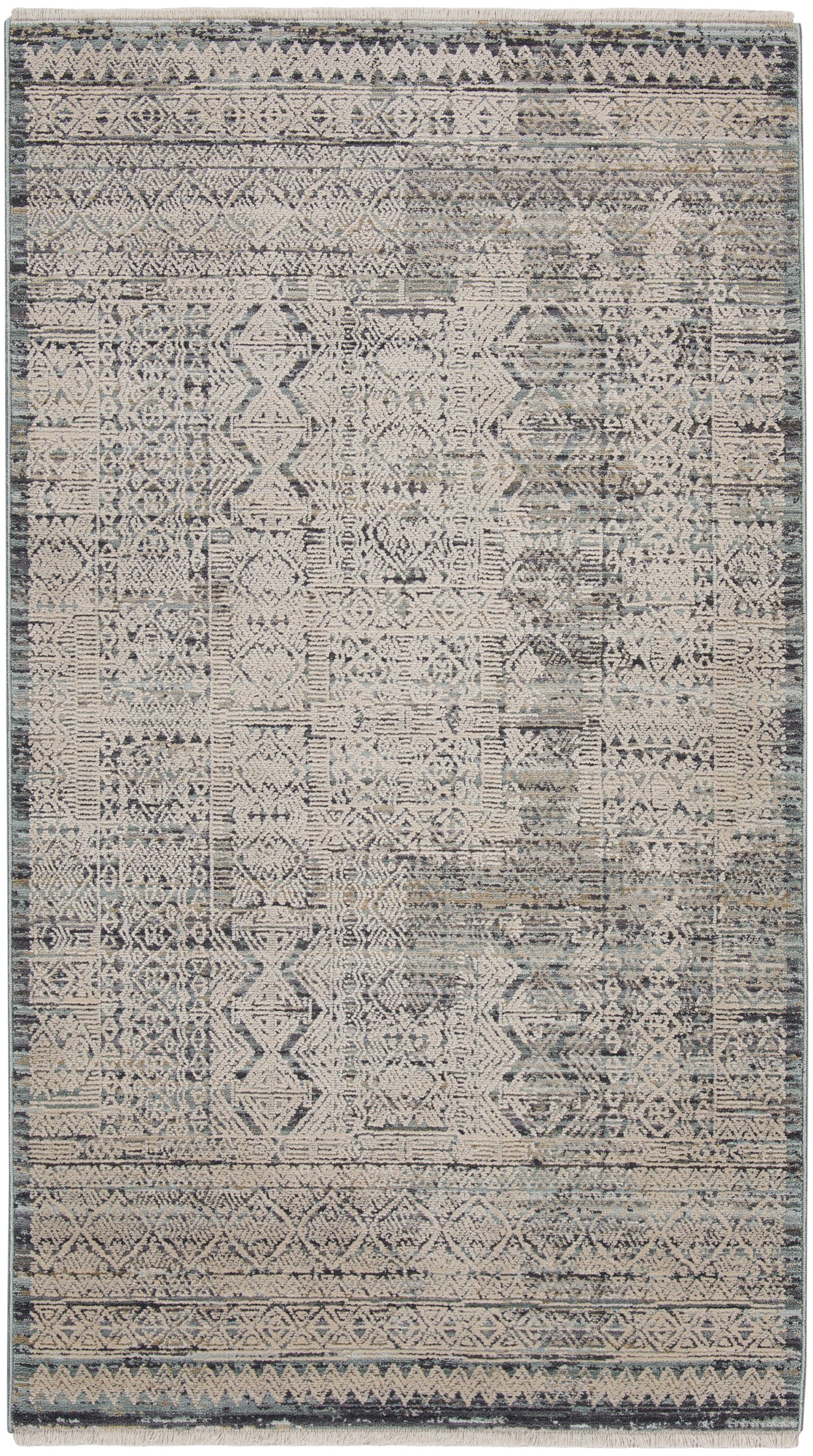 Rectangular distressed geometric rug in muted blues and grays with beige accents; woven tribal pattern for living room.