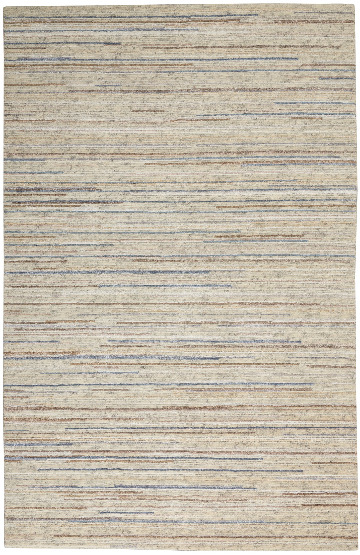 Beige area rug with subtle horizontal blue and brown stripes, textured woven pattern.