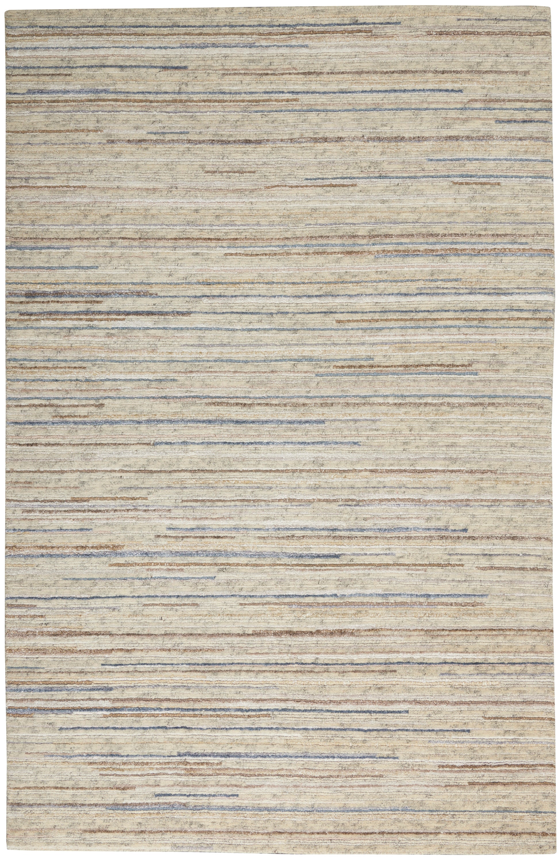 Beige area rug with subtle horizontal blue and brown stripes, textured woven pattern.