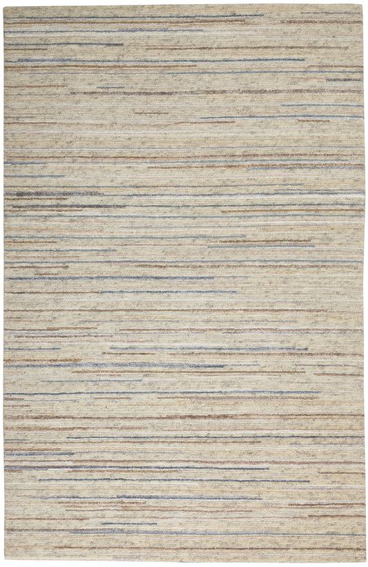 Beige area rug with subtle horizontal blue and brown stripes, textured woven pattern.