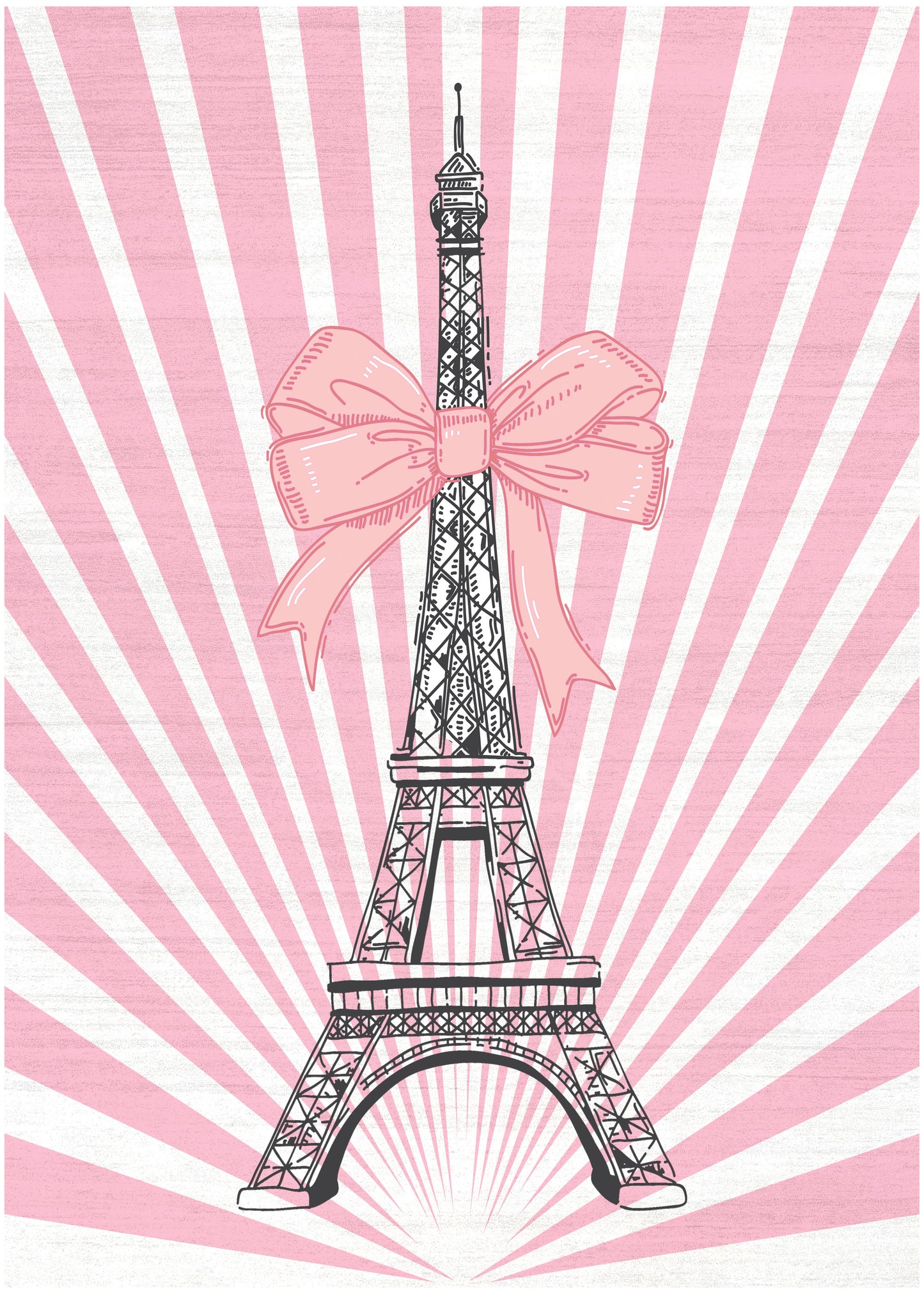 Pink poster featuring a black Eiffel Tower illustration with a large pink bow, set against pink and white sunburst rays.