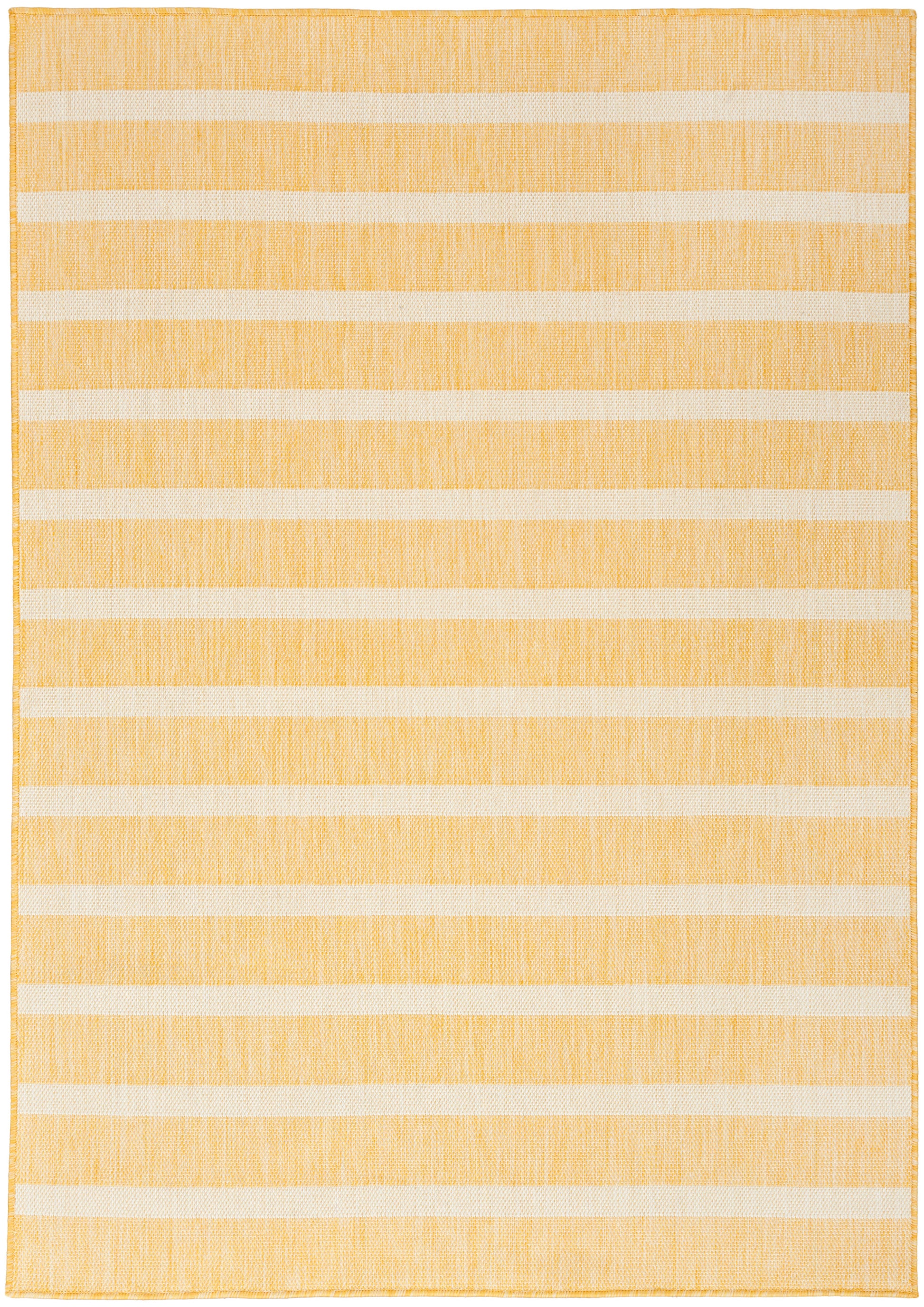Rectangular woven rug with yellow and cream horizontal stripes, soft textured surface, casual coastal style.