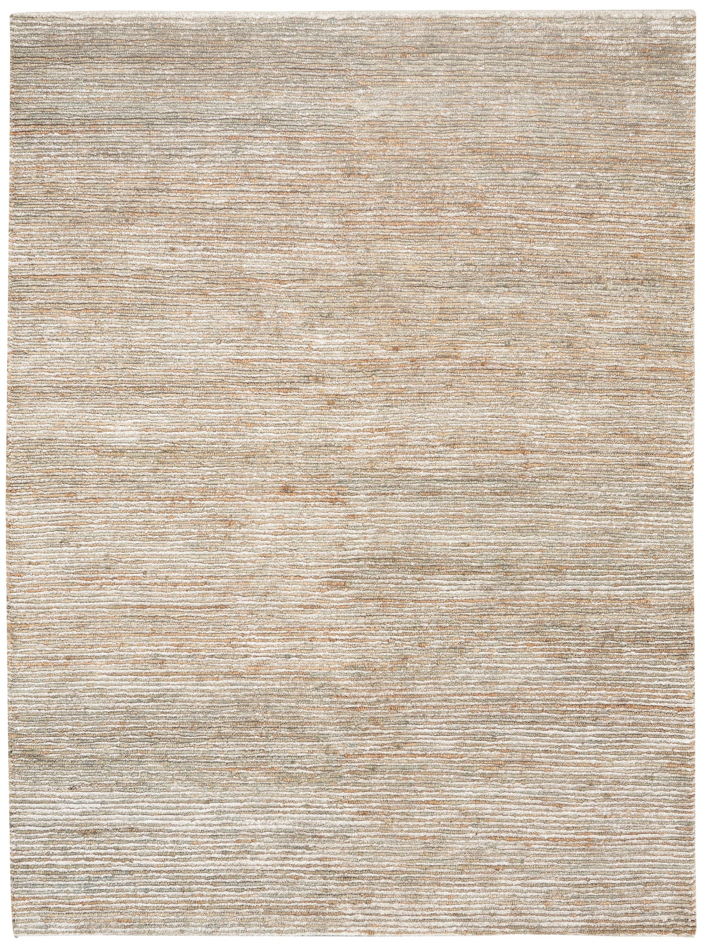Neutral beige flat-weave rug with soft, subtle horizontal stripes and distressed texture.