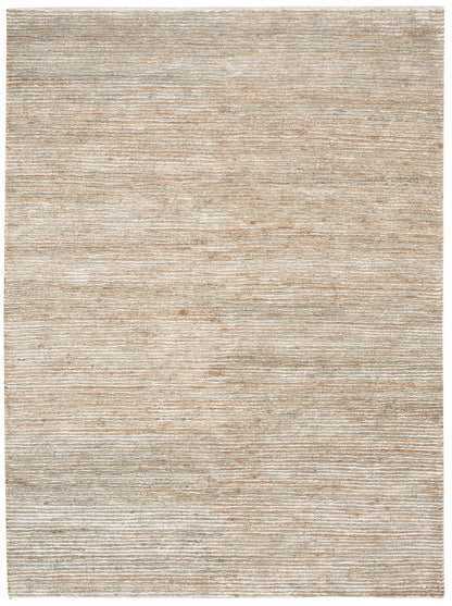 Neutral beige flat-weave rug with soft, subtle horizontal stripes and distressed texture.