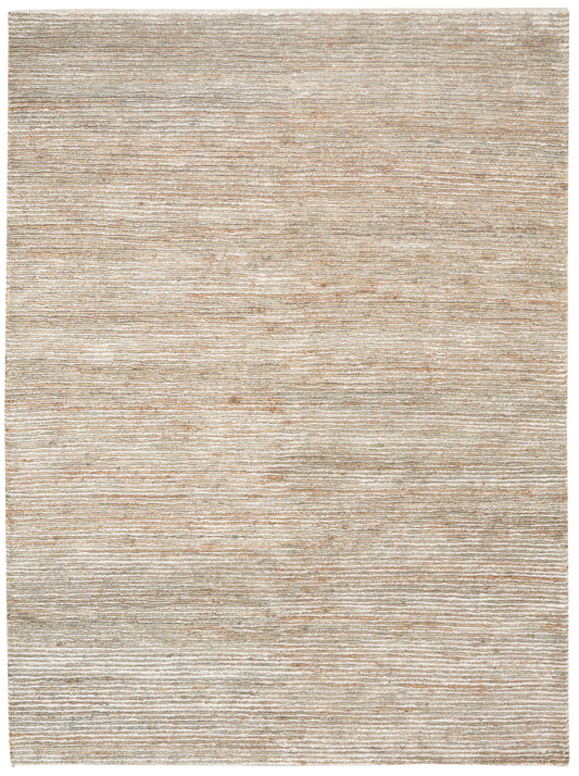 Neutral beige flat-weave rug with soft, subtle horizontal stripes and distressed texture.