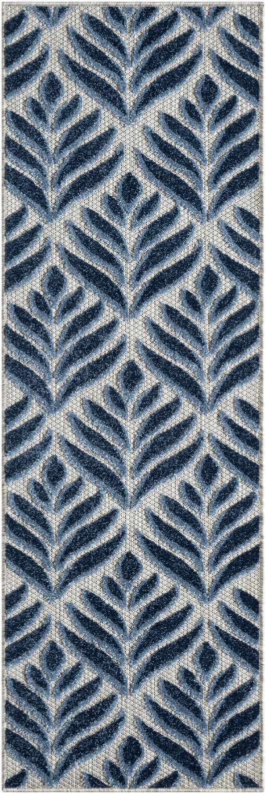 Blue botanical-pattern rug runner with navy leaf motifs on a light beige ground; plush textured pile.