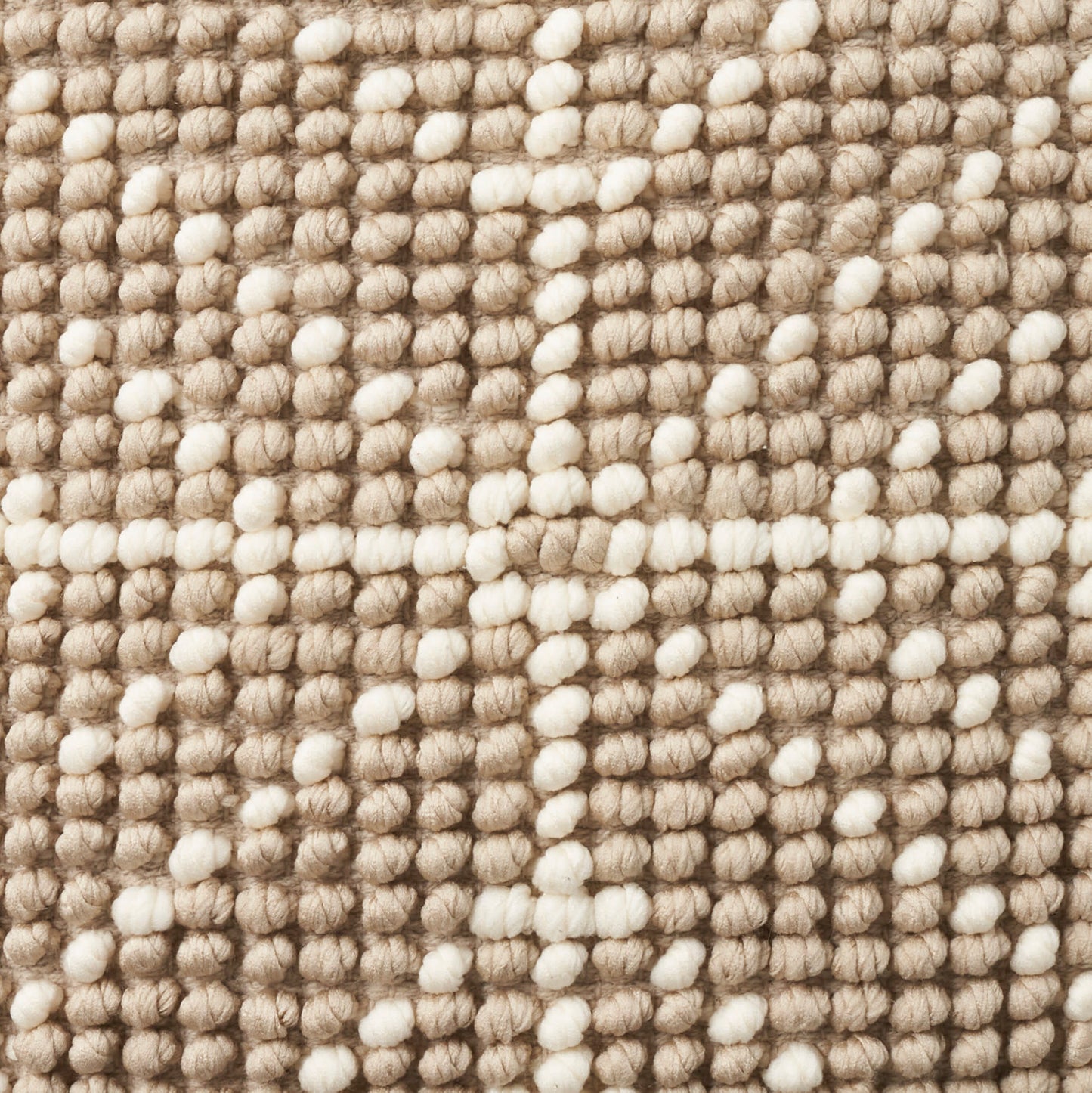 Beige and cream woven rug with looped tufts and white flecks forming a subtle geometric grid (20" x 20").