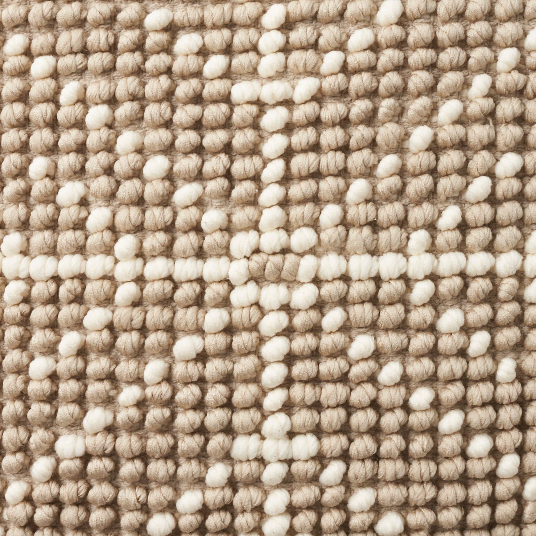 Beige and cream woven rug with looped tufts and white flecks forming a subtle geometric grid (20" x 20").