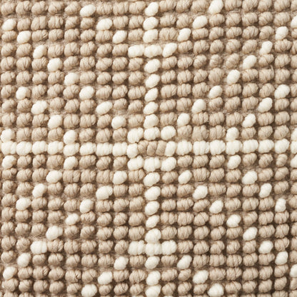 Beige and cream woven rug with looped tufts and white flecks forming a subtle geometric grid (20" x 20").