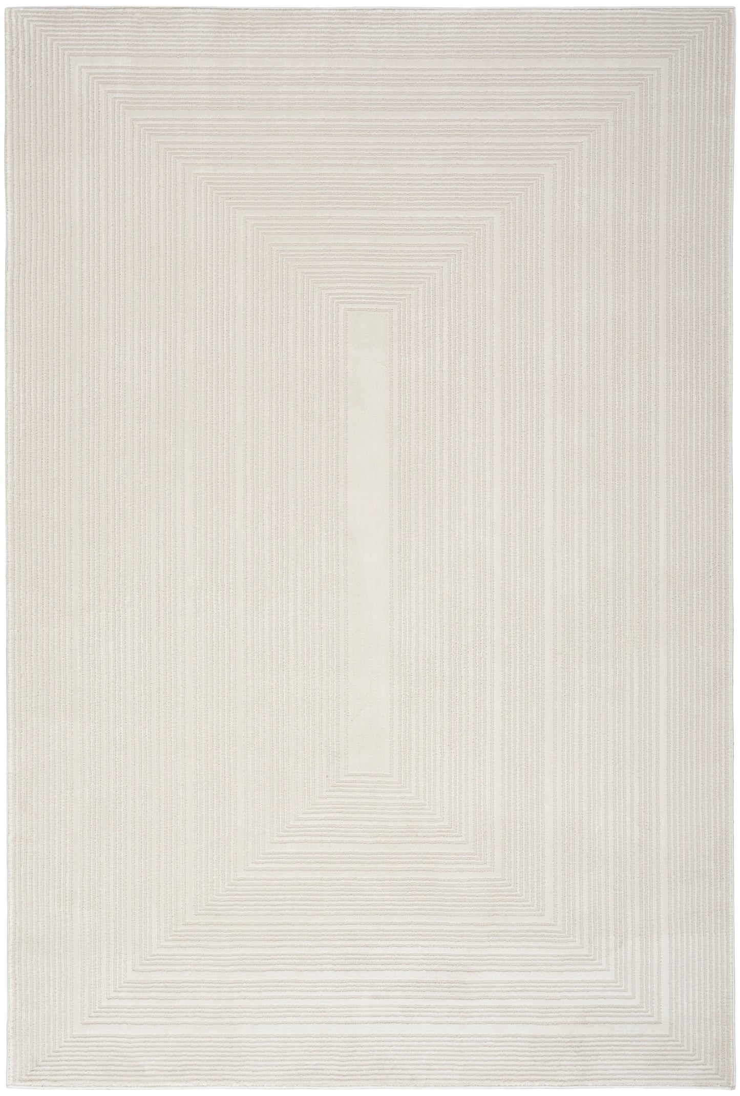 Cream rug with concentric rectangular lines creating a geometric border, featuring a pale center rectangle.