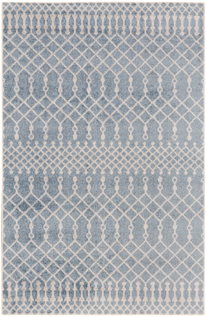 Blue rug with ivory lattice and diamond trellis pattern; distressed finish for contemporary living room decor.
