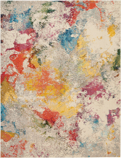 Abstract color-splashed beige rug; patches of red, yellow, blue, orange, teal in a modern contemporary pattern.