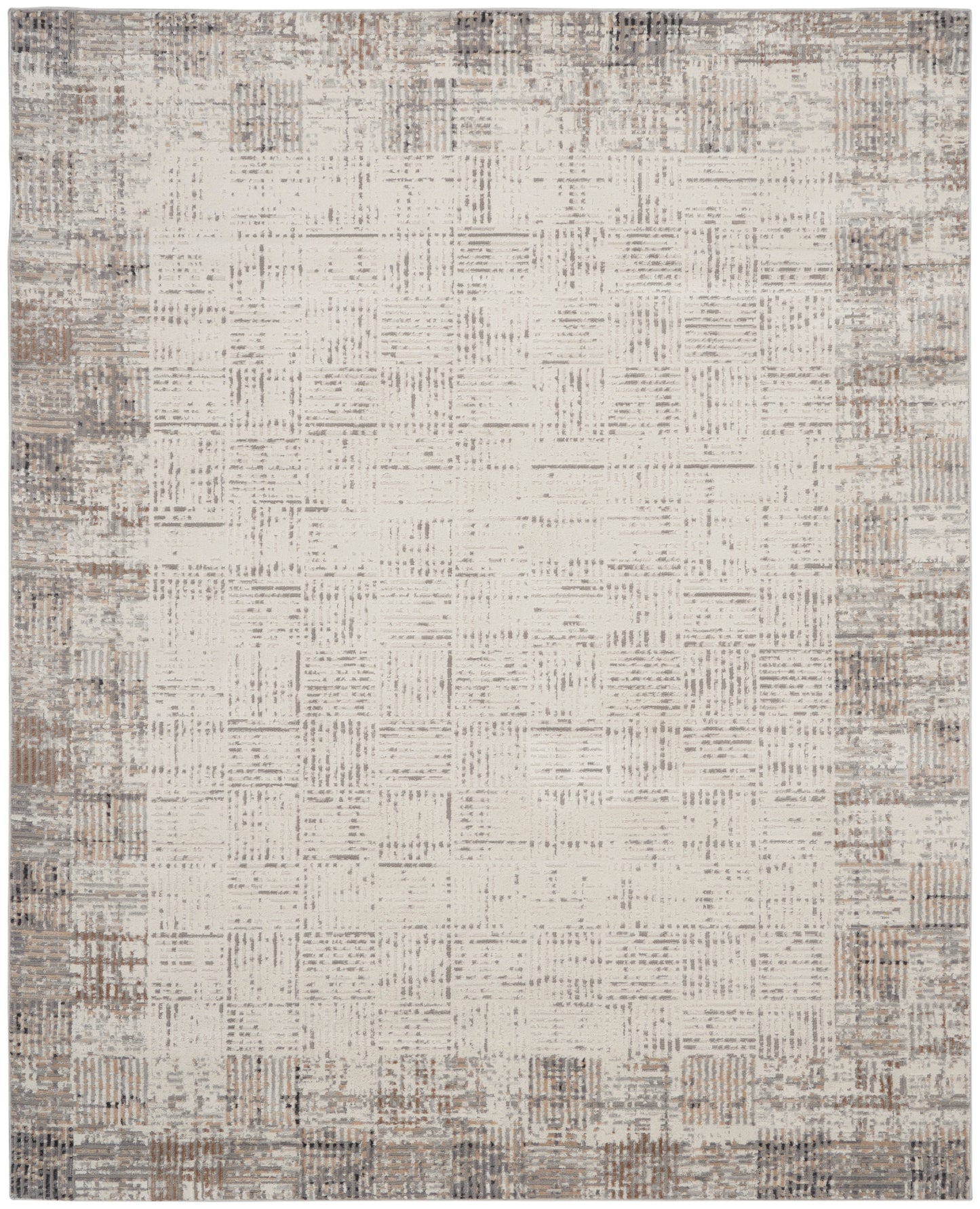 Distressed beige area rug with cream center and muted taupe-brown border, rectangular textured flat-weave.
