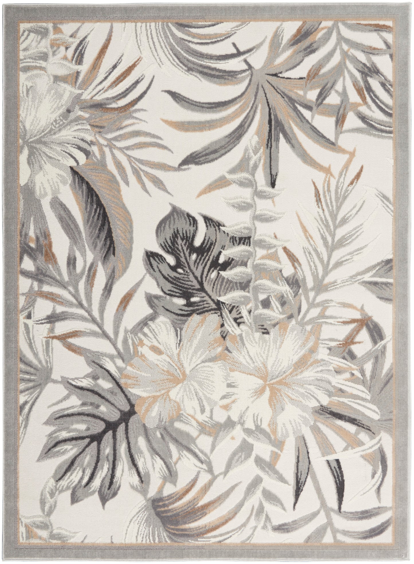 Rectangular area rug with gray, taupe and beige tropical floral pattern on ivory, framed by a light gray border.