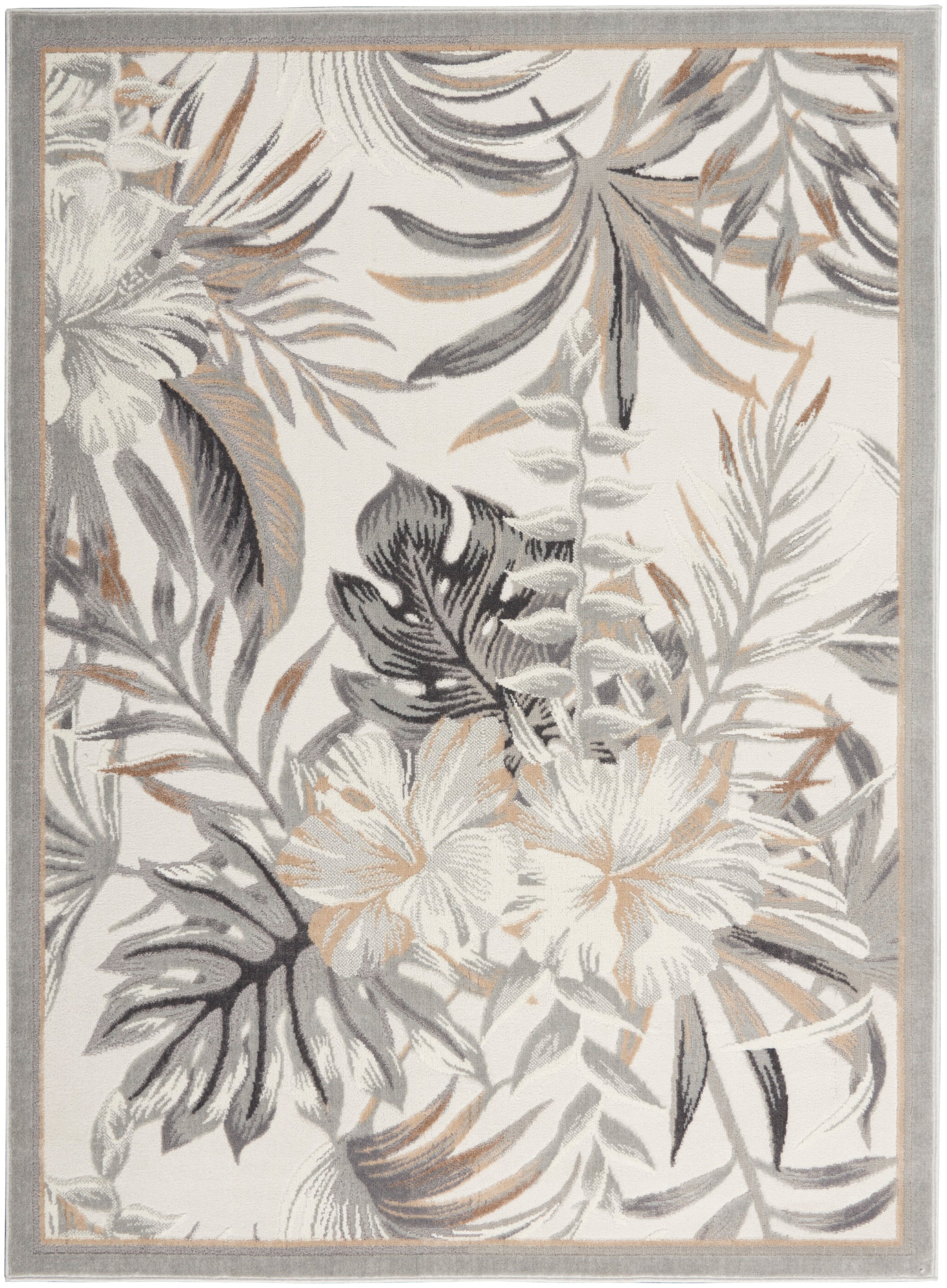 Rectangular area rug with gray, taupe and beige tropical floral pattern on ivory, framed by a light gray border.