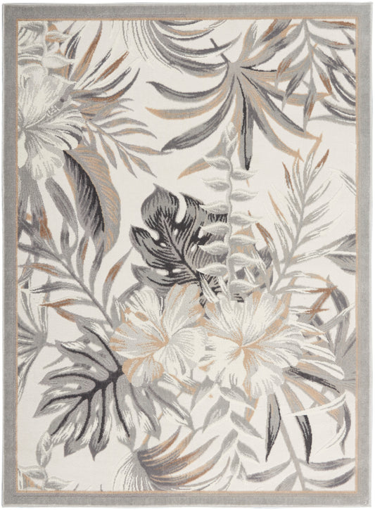 Rectangular area rug with gray, taupe and beige tropical floral pattern on ivory, framed by a light gray border.