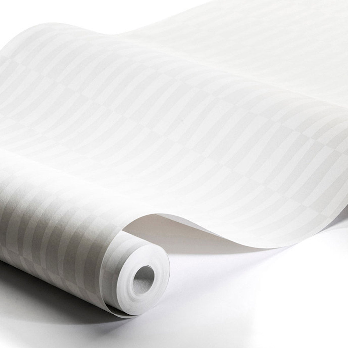Rolled white wallpaper with pale gray stripes, decorative interior wall covering.