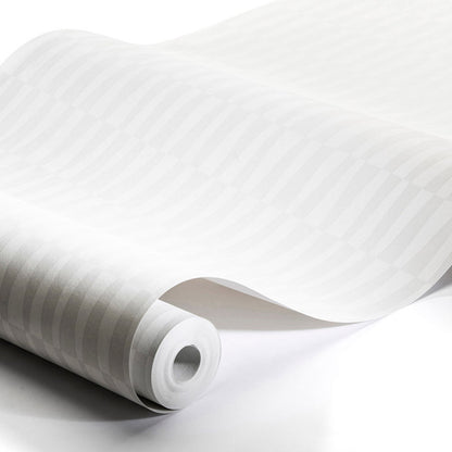 Rolled white wallpaper with pale gray stripes, decorative interior wall covering.