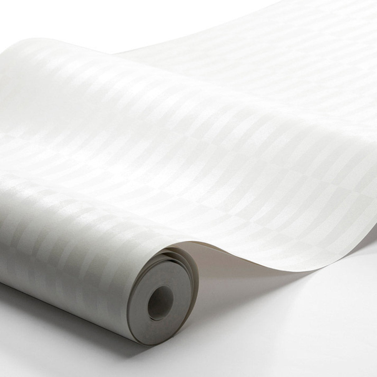 White wallpaper roll with a subtle striped pattern and satin finish, partially unrolled.