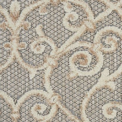 Beige damask swirl pattern on gray textured woven rug; plush pile, neutral traditional decor rug