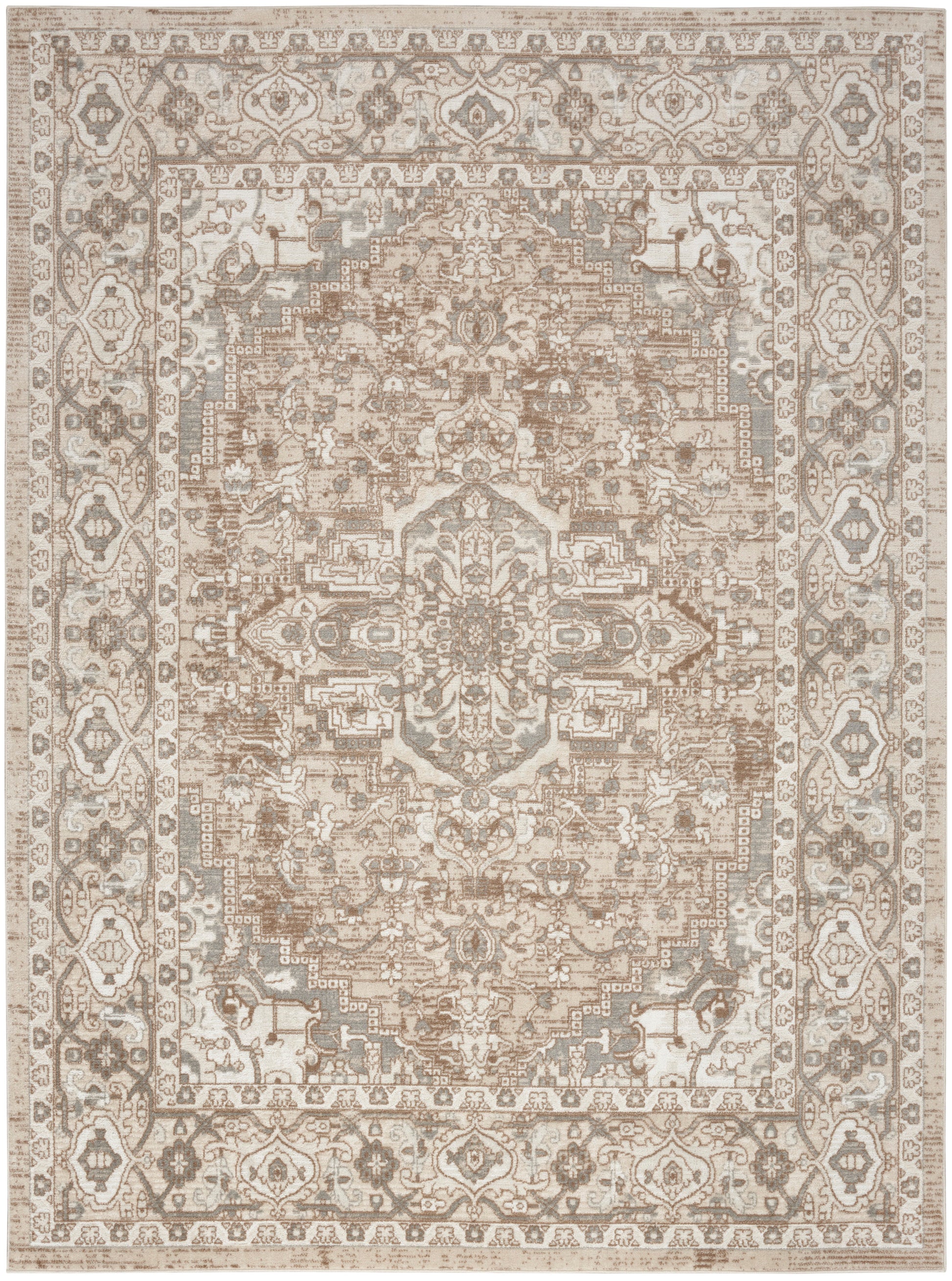 Distressed beige-brown oriental rug with a centered medallion, ornate floral border, vintage-style area rug for living rooms.