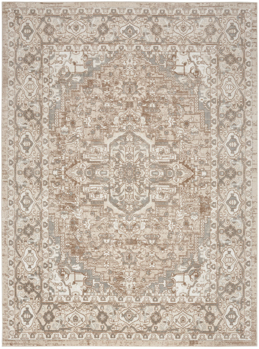 Distressed beige-brown oriental rug with a centered medallion, ornate floral border, vintage-style area rug for living rooms.