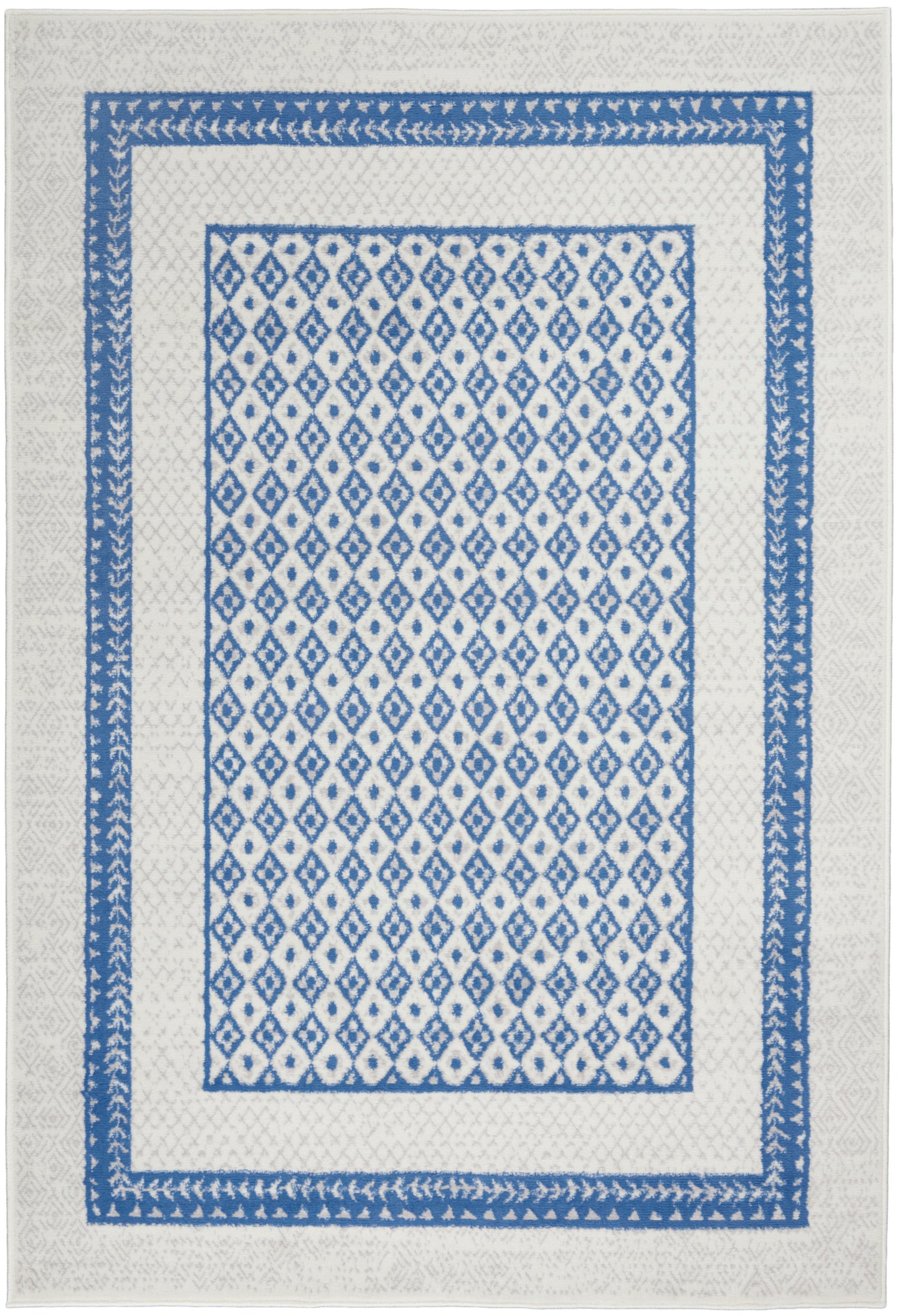Rectangular rug with white base and blue diamond lattice center, framed by double blue borders for a classic geometric look.
