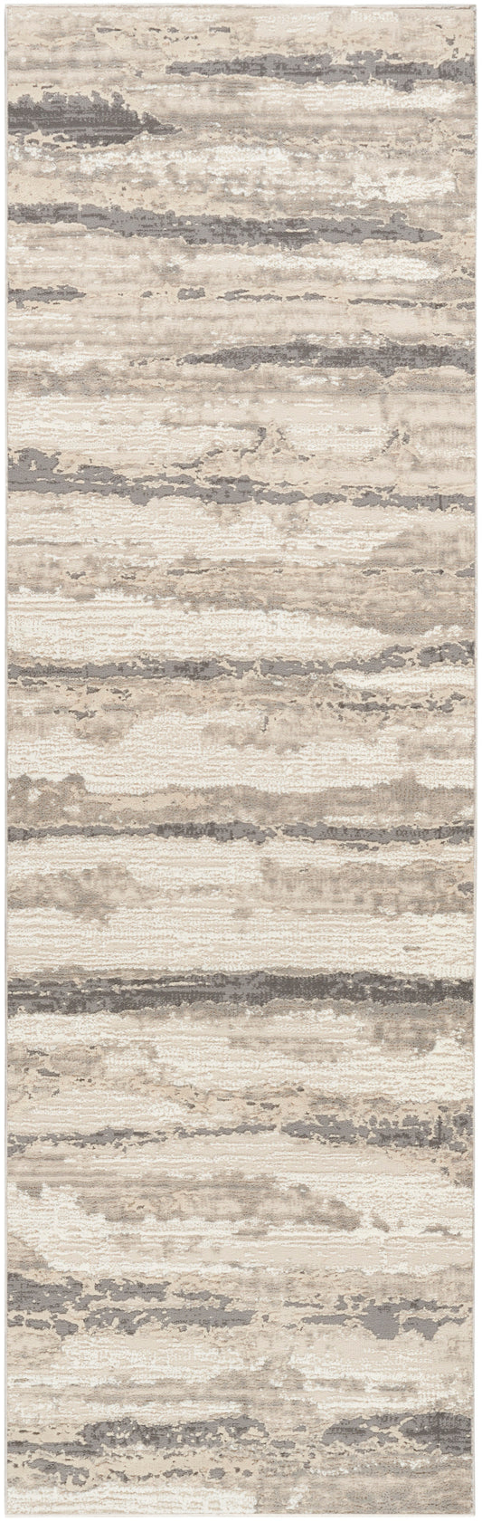 Modern abstract beige and gray distressed runner rug with irregular horizontal bands.