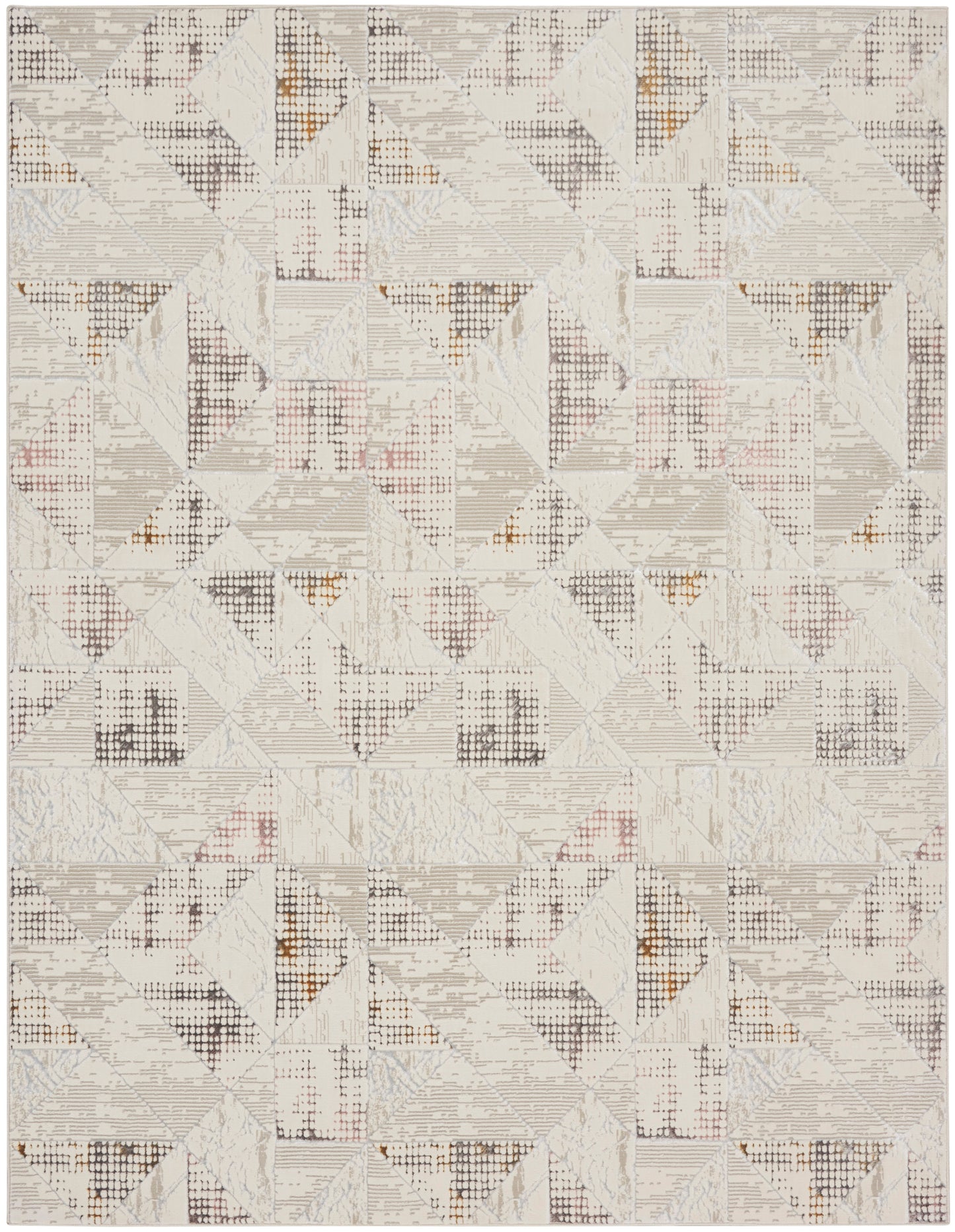 Neutral geometric rug with patchwork triangles in cream, beige, taupe; subtle distressed pattern and soft texture.