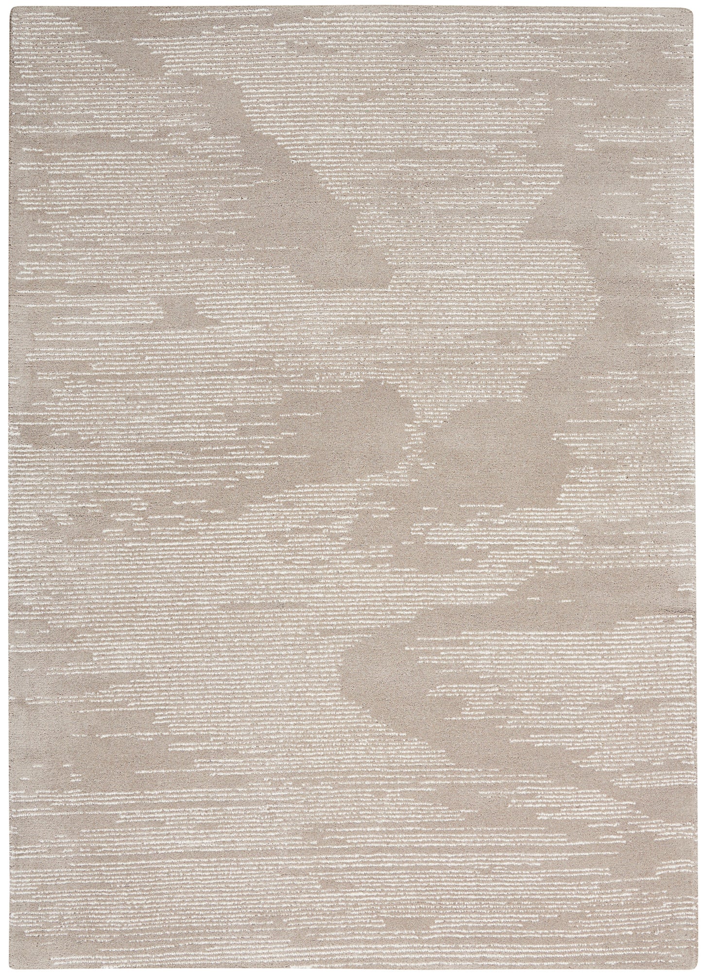 Beige-taupe abstract-pattern area rug with subtle white linear texture; rectangular flat-weave style.