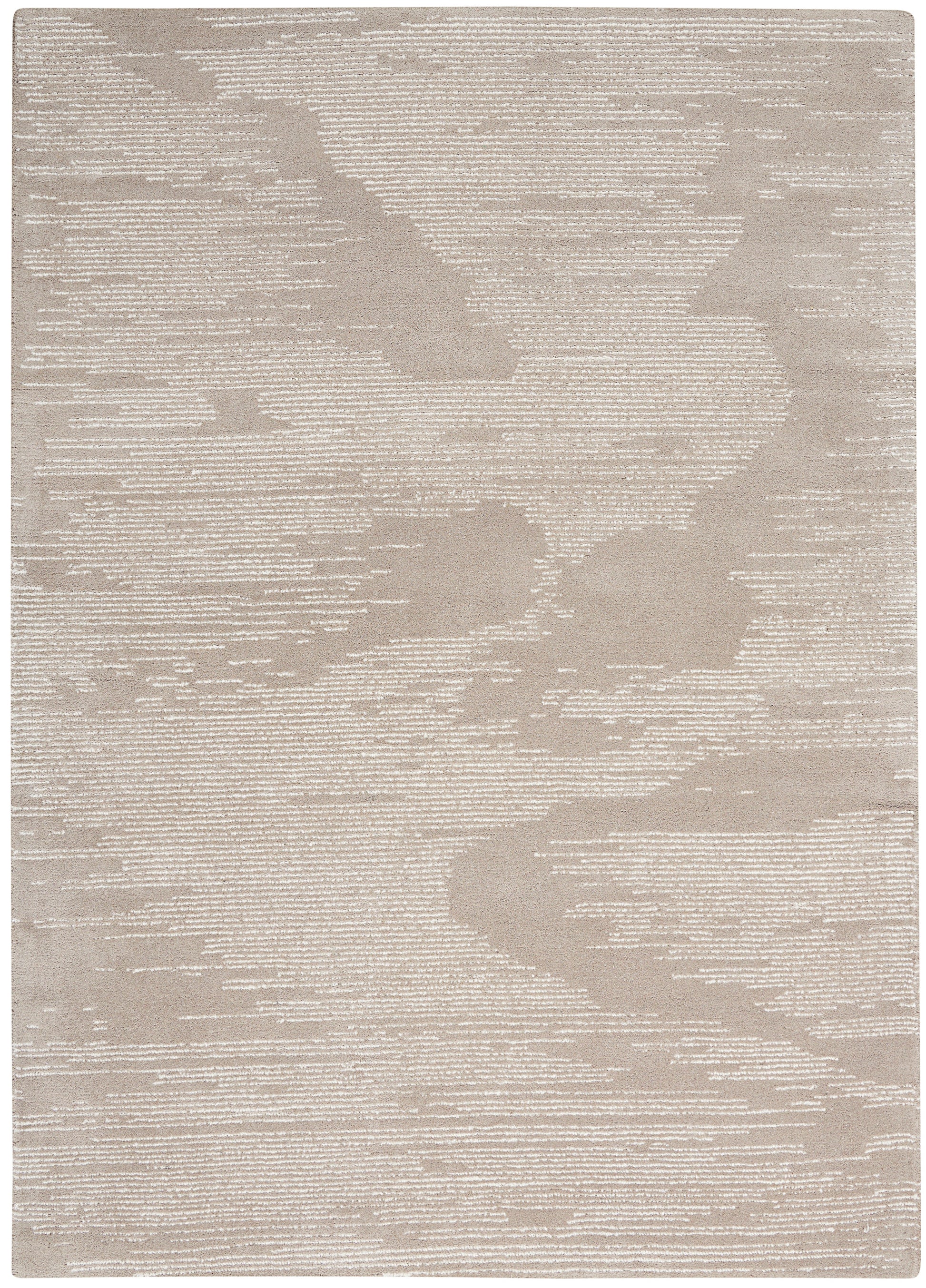 Beige-taupe abstract-pattern area rug with subtle white linear texture; rectangular flat-weave style.