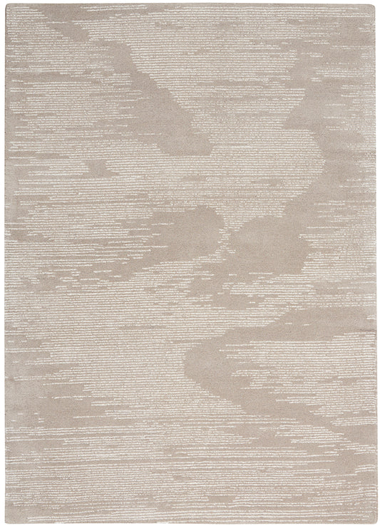 Beige-taupe abstract-pattern area rug with subtle white linear texture; rectangular flat-weave style.