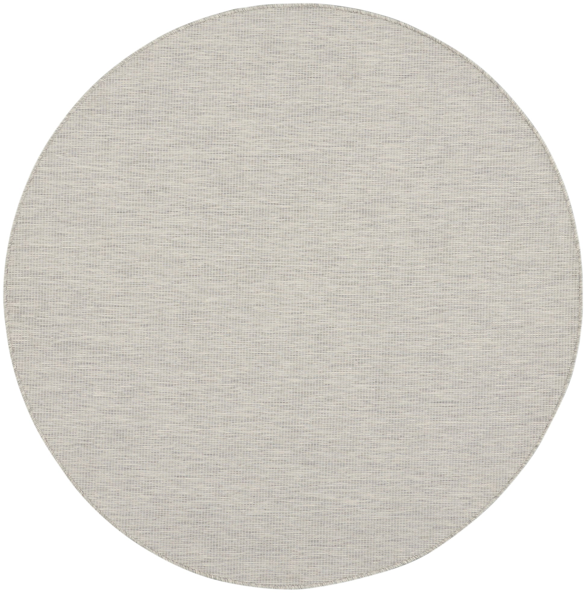 Round beige-gray woven rug with subtle textured weave.