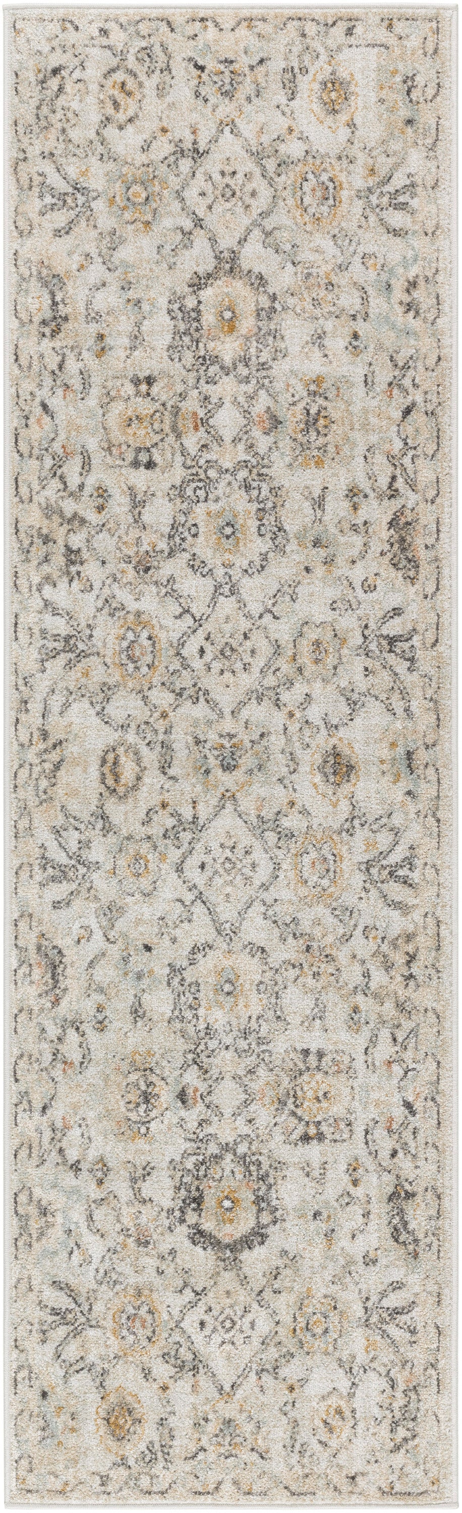 Persian-style distressed runner rug with ivory base, gray motifs, and soft gold and blue accents.
