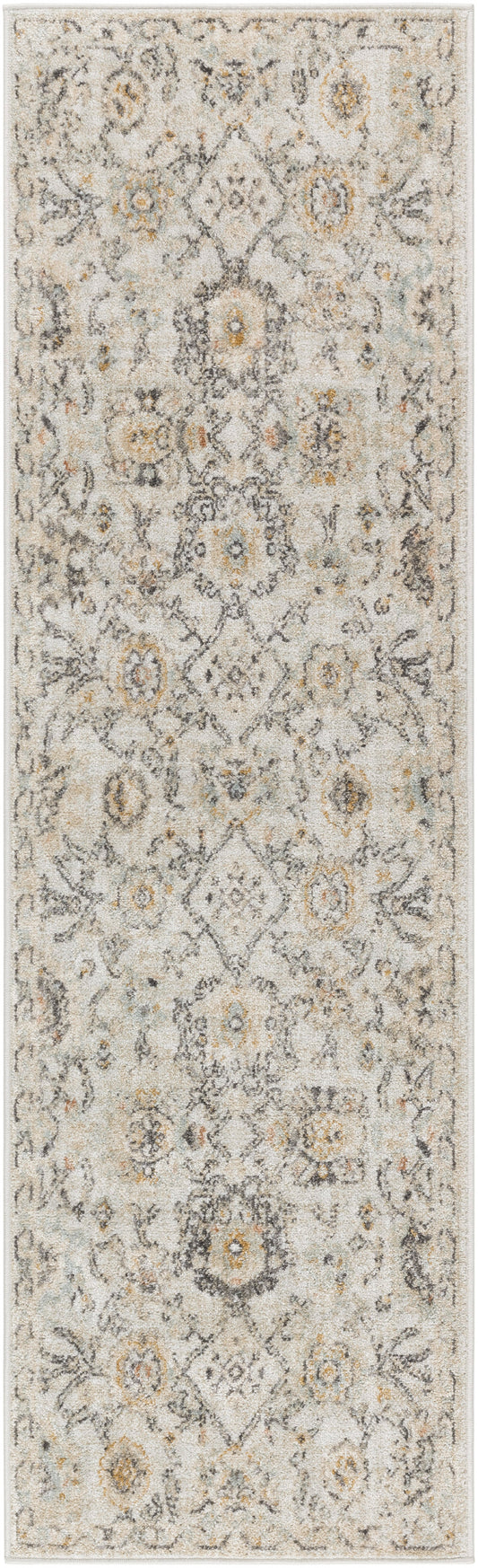 Persian-style distressed runner rug with ivory base, gray motifs, and soft gold and blue accents.