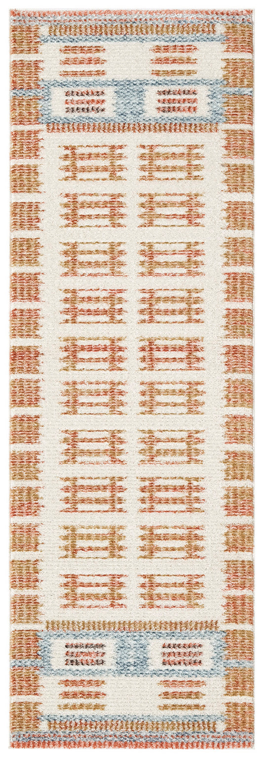 Cream rug runner with orange geometric lattice blocks and blue border accents; woven textured decor.