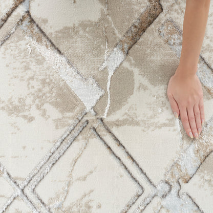 Beige and cream diamond-pattern rug with plush, shaggy texture; a hand resting on its surface.