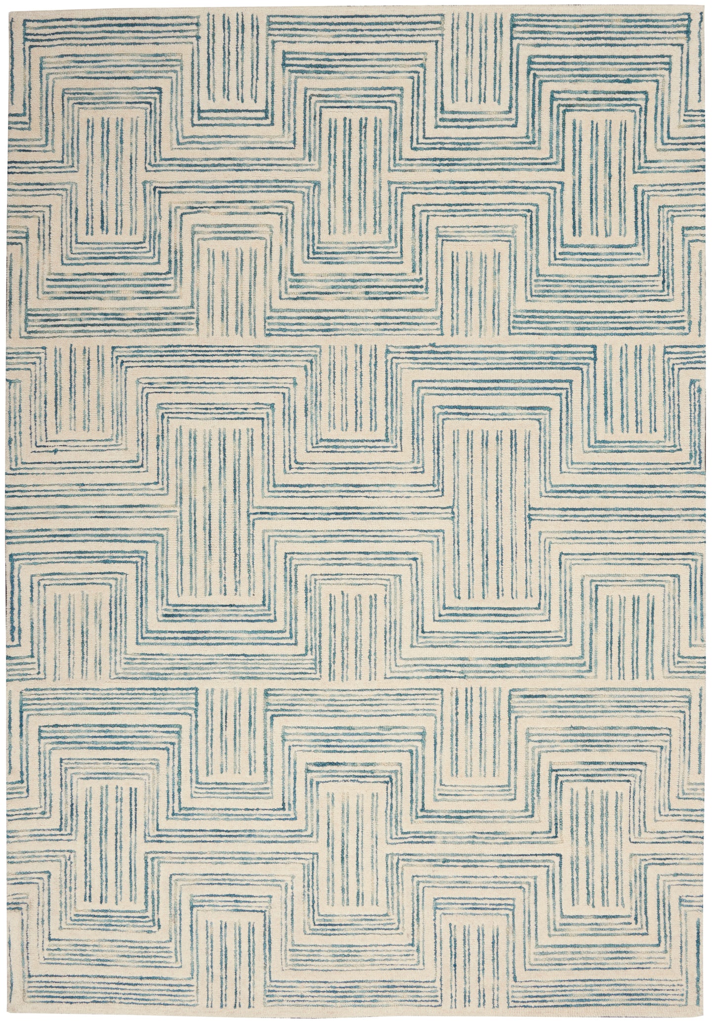 Cream area rug with teal-blue concentric square maze pattern; modern geometric woven design.