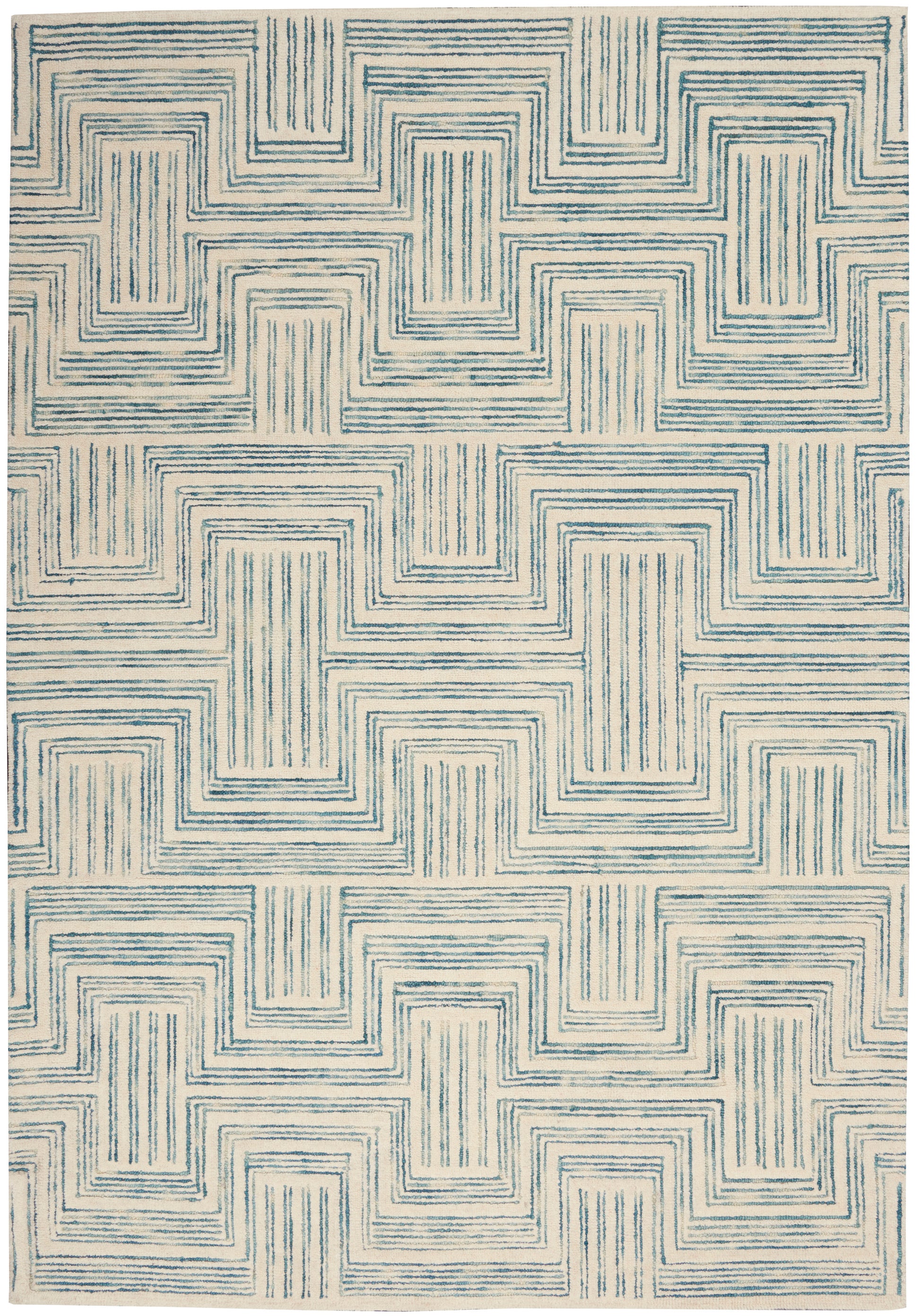 Cream area rug with teal-blue concentric square maze pattern; modern geometric woven design.
