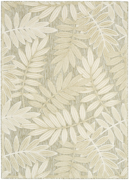 Neutral-toned area rug featuring cream leaf pattern on taupe background; woven botanical design.