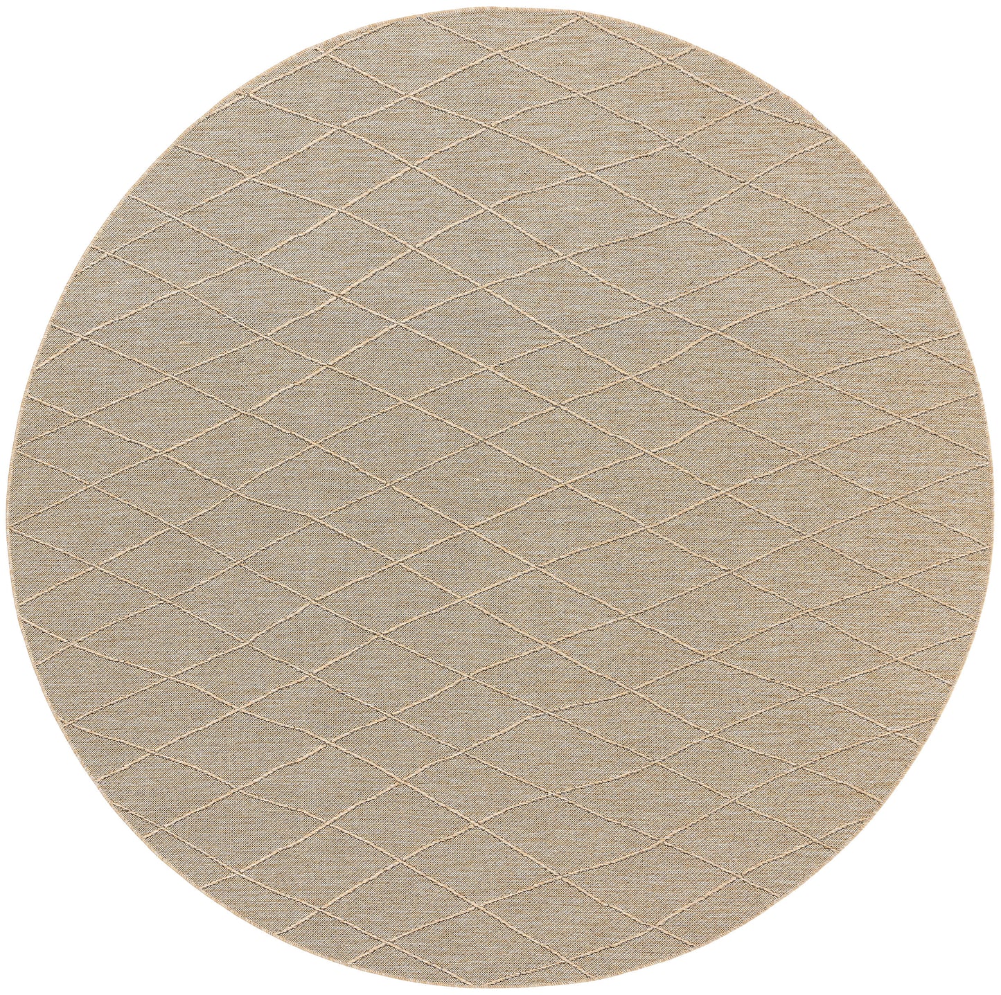 Round beige quilted rug with subtle diamond stitching, soft textured fabric for neutral home decor.